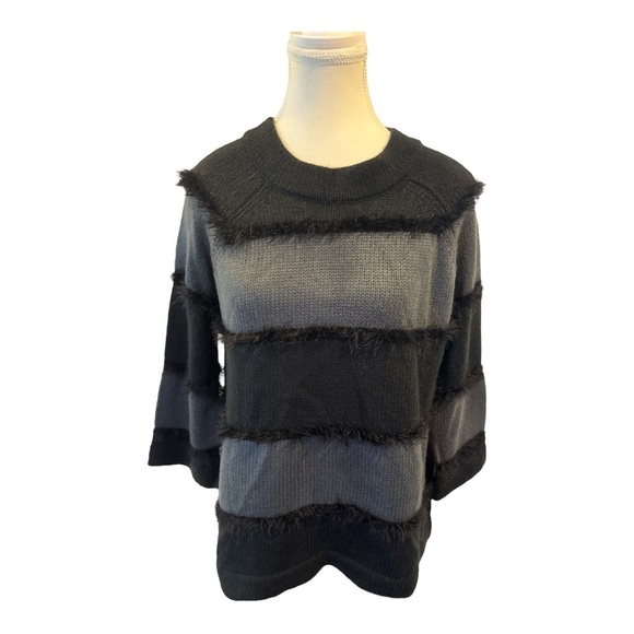 Halogen Black Gray Stripe Fringe Knit Sweater Pullover Cozy Fall Winter S - Picture 3 of 6
